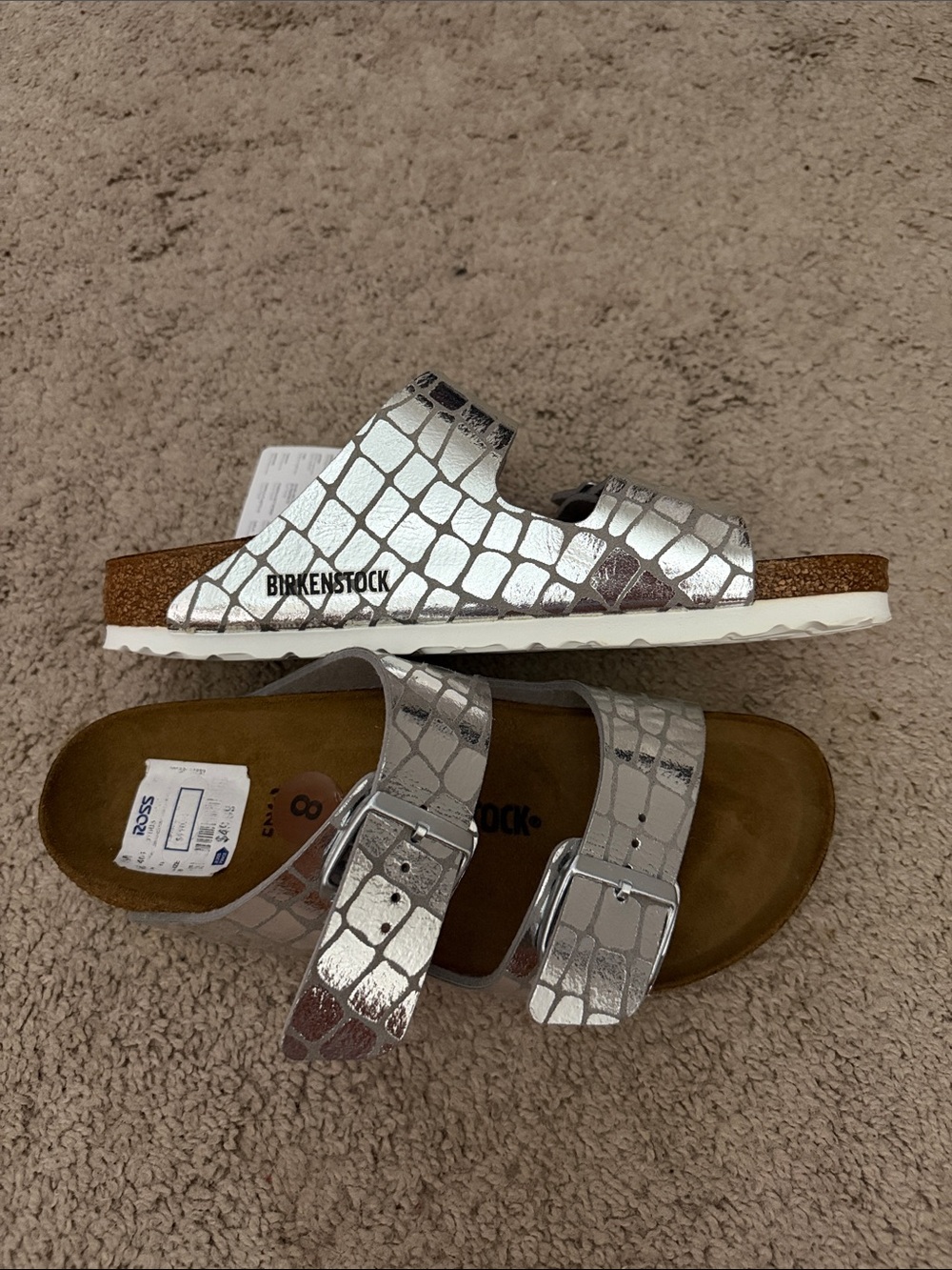 Birkenstock Metallic Silver Croc-Embossed Two-Strap Sandals - Picture 3 of 5